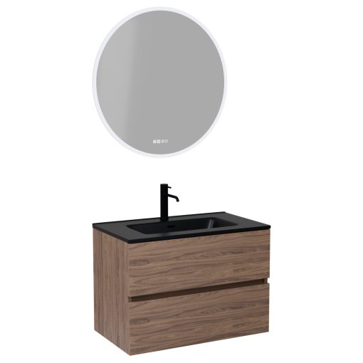 HD Aria Oak 60 komplett fürdőszoba bútor fali mosdószekrénnyel, matt fekete slim mosdóval és tükörrel