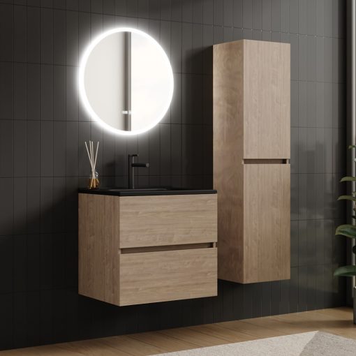 HD Aria Oak 60 komplett fürdőszoba bútor fali mosdószekrénnyel, matt fekete slim mosdóval és tükörrel