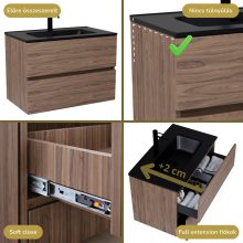 HD Aria Oak 60 komplett fürdőszoba bútor fali mosdószekrénnyel, matt fekete slim mosdóval és tükörrel