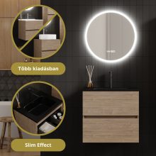 HD Aria Pro Oak 60 komplett fürdőszoba bútor szett fali push-to-open mosdószekrénnyel, matt fekete slim mosdóval, tükörrel és magasszekrénnyel