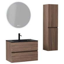 HD Aria Oak 60 komplett fürdőszoba bútor szett fali mosdószekrénnyel, matt fekete slim mosdóval, tükörrel és magasszekrénnyel