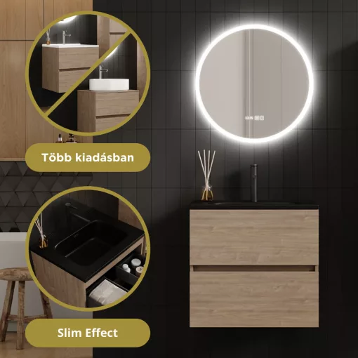 HD Aria Oak 60 komplett fürdőszoba bútor szett fali mosdószekrénnyel, matt fekete slim mosdóval, tükörrel és magasszekrénnyel