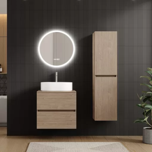 HD Zyra Pro Oak 60 komplett fürdőszoba bútor fali push-to-open mosdószekrénnyel, tölgyfa színű mosdópulttal és tükörrel