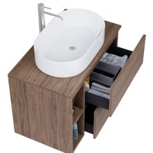 HD Zyra Pro+ Oak 80 komplett fürdőszoba bútor fali push-to-open mosdószekrénnyel, oak mosdópulttal, kiegészítő oak fali modullal és tükörrel