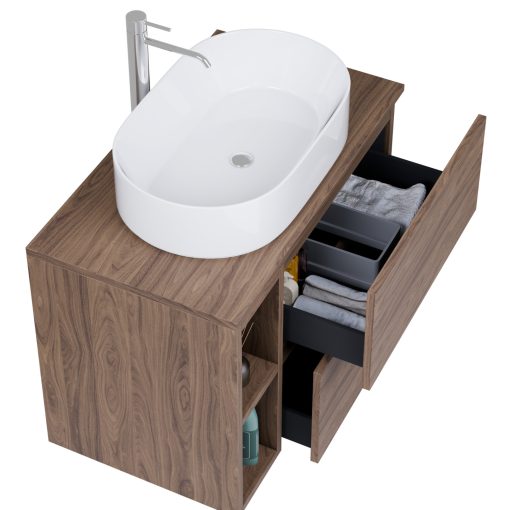 HD Zyra Pro+ Oak 80 komplett fürdőszoba bútor fali push-to-open mosdószekrénnyel, oak mosdópulttal, kiegészítő oak fali modullal és tükörrel