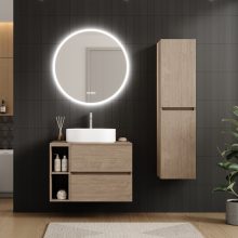 HD Zyra Pro+ Oak 80 komplett fürdőszoba bútor fali push-to-open mosdószekrénnyel, oak mosdópulttal, kiegészítő oak fali modullal és tükörrel