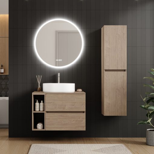 HD Zyra Pro+ Oak 80 komplett fürdőszoba bútor fali push-to-open mosdószekrénnyel, oak mosdópulttal, kiegészítő oak fali modullal és tükörrel