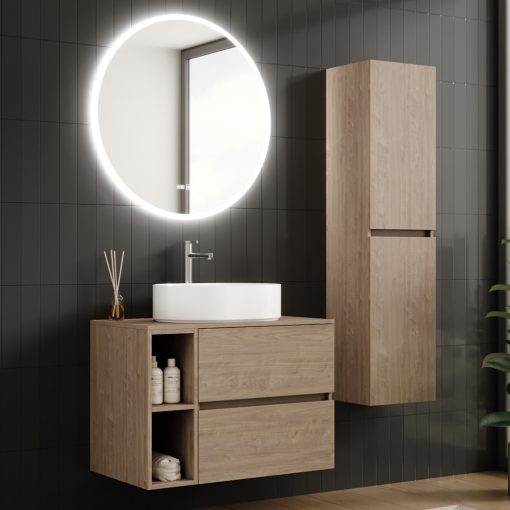 HD Zyra+ Oak 80/100 komplett fürdőszoba bútor fali mosdószekrénnyel, oak mosdópulttal, kiegészítő oak fali modullal és tükörrel