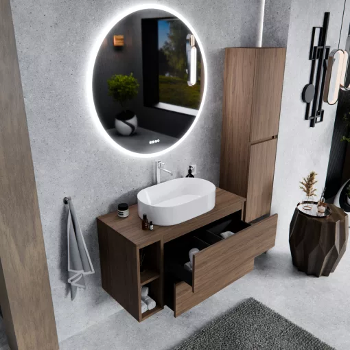 HD Zyra+ Oak 80/100 komplett fürdőszoba bútor fali mosdószekrénnyel, oak mosdópulttal, kiegészítő oak fali modullal és tükörrel
