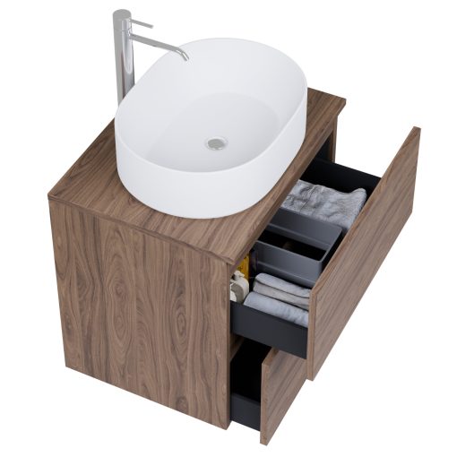 HD Zyra Pro Oak 60 komplett fürdőszoba bútor szett fali push-to-open mosdószekrénnyel, tölgyfa színű mosdópulttal, tükörrel és magasszekrénnyel