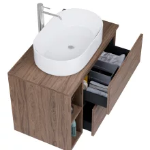 HD Zyra Pro+ Oak 80 komplett fürdőszoba bútor szett fali push-to-open mosdószekrénnyel, oak mosdópulttal, kiegészítő oak fali modullal, tükörrel és magasszekrénnyel