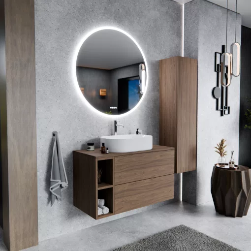 HD Zyra Pro+ Oak 80 komplett fürdőszoba bútor szett fali push-to-open mosdószekrénnyel, oak mosdópulttal, kiegészítő oak fali modullal, tükörrel és magasszekrénnyel