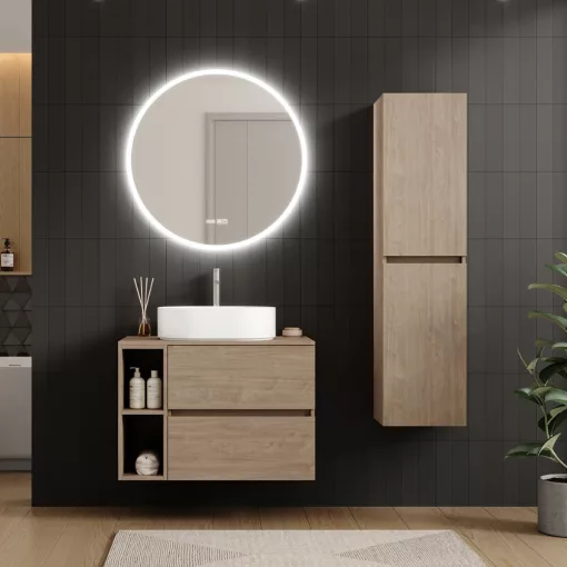 HD Zyra Pro+ Oak 80 komplett fürdőszoba bútor szett fali push-to-open mosdószekrénnyel, oak mosdópulttal, kiegészítő oak fali modullal, tükörrel és magasszekrénnyel