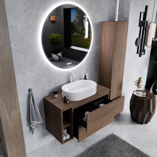 HD Zyra Pro+ Oak 80 komplett fürdőszoba bútor szett fali push-to-open mosdószekrénnyel, oak mosdópulttal, kiegészítő oak fali modullal, tükörrel és magasszekrénnyel