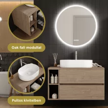 HD Zyra Pro+ Oak 80 komplett fürdőszoba bútor szett fali push-to-open mosdószekrénnyel, oak mosdópulttal, kiegészítő oak fali modullal, tükörrel és magasszekrénnyel