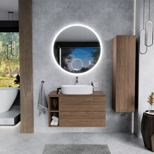 HD Zyra Pro+ Oak 80 komplett fürdőszoba bútor szett fali push-to-open mosdószekrénnyel, oak mosdópulttal, kiegészítő oak fali modullal, tükörrel és magasszekrénnyel