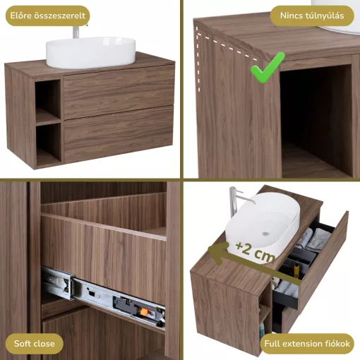 HD Zyra Pro+ Oak 80 komplett fürdőszoba bútor szett fali push-to-open mosdószekrénnyel, oak mosdópulttal, kiegészítő oak fali modullal, tükörrel és magasszekrénnyel