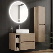 HD Zyra+ Oak 80/100 komplett fürdőszoba bútor szett fali mosdószekrénnyel, oak mosdópulttal, kiegészítő oak fali modullal, tükörrel és magasszekrénnyel