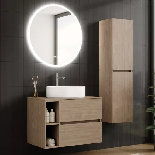 HD Zyra+ Oak 80/100 komplett fürdőszoba bútor szett fali mosdószekrénnyel, oak mosdópulttal, kiegészítő oak fali modullal, tükörrel és magasszekrénnyel