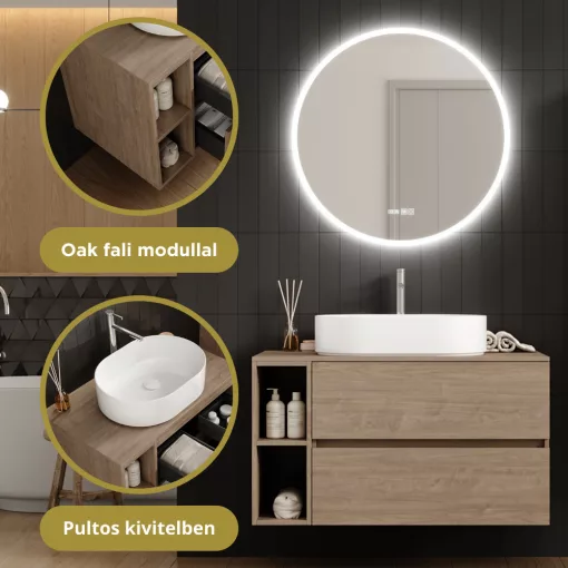 HD Zyra+ Oak 80/100 komplett fürdőszoba bútor szett fali mosdószekrénnyel, oak mosdópulttal, kiegészítő oak fali modullal, tükörrel és magasszekrénnyel