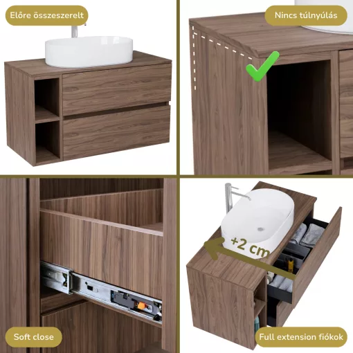 HD Zyra+ Oak 80/100 komplett fürdőszoba bútor szett fali mosdószekrénnyel, oak mosdópulttal, kiegészítő oak fali modullal, tükörrel és magasszekrénnyel