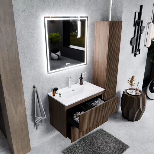 HD Ravello Pro Oak 60 fali mosdószekrény, push-to-open mechanizmussal, fényes fehér slim mosdóval