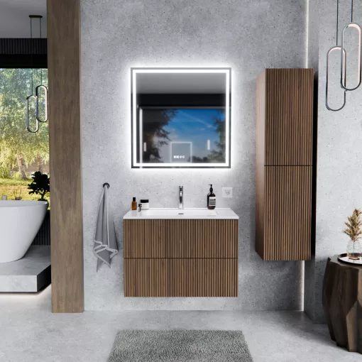 HD Ravello Pro Oak 60 fali mosdószekrény, push-to-open mechanizmussal, fényes fehér slim mosdóval