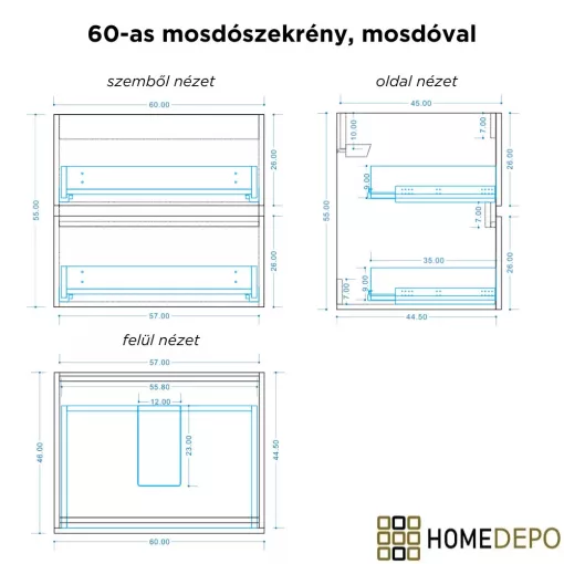 HD Ravello Pro Oak 60 fali mosdószekrény, push-to-open mechanizmussal, fényes fehér slim mosdóval
