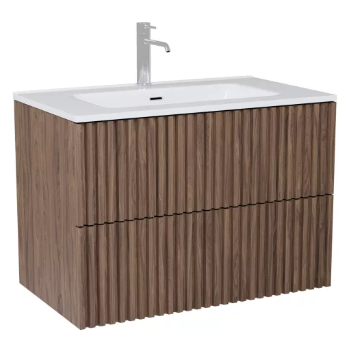 HD Ravello Pro Oak 60 komplett fürdőszoba bútor fali push-to-open mosdószekrénnyel, fényes fehér slim mosdóval és tükörrel