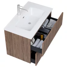 HD Ravello Pro Oak 60 komplett fürdőszoba bútor fali push-to-open mosdószekrénnyel, fényes fehér slim mosdóval és tükörrel