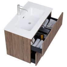 HD Ravello Pro Oak 60 komplett fürdőszoba bútor szett fali push-to-open mosdószekrénnyel, fényes fehér slim mosdóval, tükörrel és magasszekrénnyel