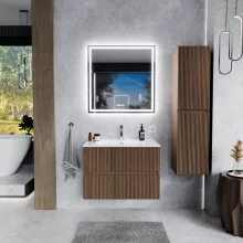 HD Torino Oak 60 komplett fürdőszoba bútor szett fali mosdószekrénnyel, fényes fehér slim mosdóval, tükörrel és magasszekrénnyel