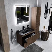 HD Ravello Pro Oak 60 fali mosdószekrény, push-to-open mechanizmussal, matt fekete slim mosdóval