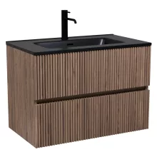 HD Torino Oak 60 komplett fürdőszoba bútor fali mosdószekrénnyel, matt fekete slim mosdóval és tükörrel