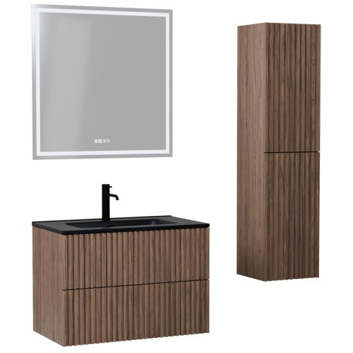 HD Ravello Pro Oak 60 komplett fürdőszoba bútor szett fali push-to-open mosdószekrénnyel, matt fekete slim mosdóval, tükörrel és magasszekrénnyel