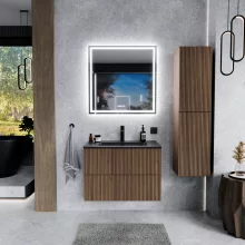 HD Ravello Pro Oak 60 komplett fürdőszoba bútor szett fali push-to-open mosdószekrénnyel, matt fekete slim mosdóval, tükörrel és magasszekrénnyel