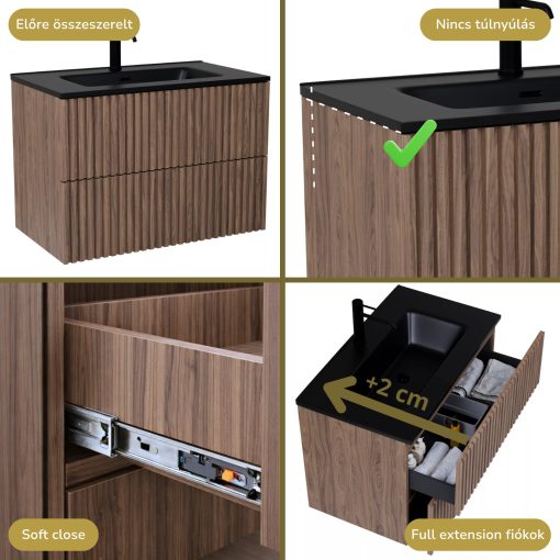 HD Ravello Pro Oak 60 komplett fürdőszoba bútor szett fali push-to-open mosdószekrénnyel, matt fekete slim mosdóval, tükörrel és magasszekrénnyel