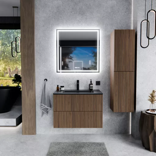 HD Ravello Pro Oak 60 komplett fürdőszoba bútor szett fali push-to-open mosdószekrénnyel, matt fekete slim mosdóval, tükörrel és magasszekrénnyel