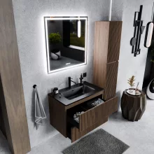 HD Torino Oak 60 komplett fürdőszoba bútor szett fali mosdószekrénnyel, matt fekete slim mosdóval, tükörrel és magasszekrénnyel