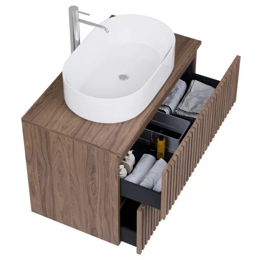 HD Rapallo Pro Oak 60 fali mosdószekrény, push-to-open mechanizmussal, tölgyfa színű mosdópulttal