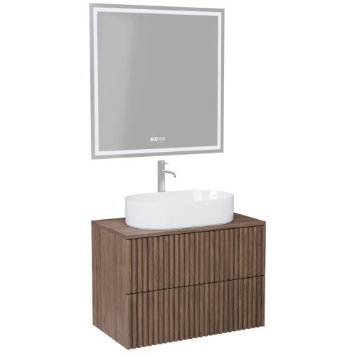 HD Rapallo Pro Oak 60 komplett fürdőszoba bútor fali push-to-open mosdószekrénnyel, tölgyfa színű mosdópulttal és tükörrel