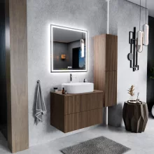 HD Rapallo Pro Oak 60 komplett fürdőszoba bútor fali push-to-open mosdószekrénnyel, tölgyfa színű mosdópulttal és tükörrel