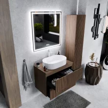 HD Rapallo Pro Oak 60 komplett fürdőszoba bútor fali push-to-open mosdószekrénnyel, tölgyfa színű mosdópulttal és tükörrel