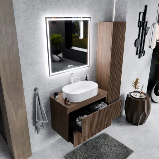 HD Rapallo Pro Oak 60 komplett fürdőszoba bútor fali push-to-open mosdószekrénnyel, tölgyfa színű mosdópulttal és tükörrel