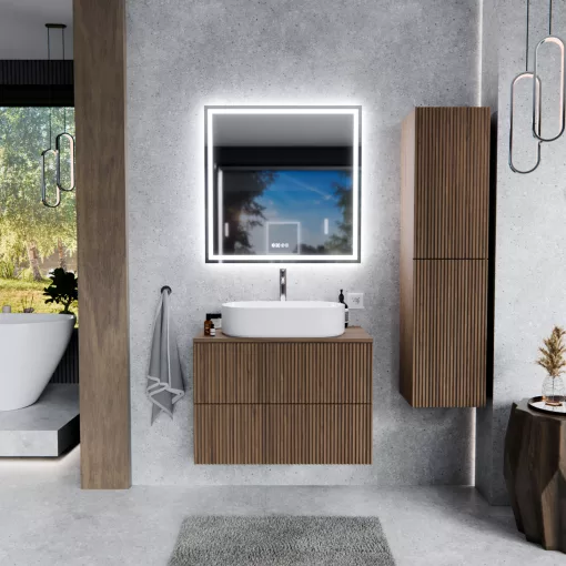 HD Rapallo Pro Oak 60 komplett fürdőszoba bútor fali push-to-open mosdószekrénnyel, tölgyfa színű mosdópulttal és tükörrel