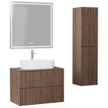 HD Rapallo Pro Oak 60 komplett fürdőszoba bútor szett fali push-to-open mosdószekrénnyel, tölgyfa színű mosdópulttal, tükörrel és magasszekrénnyel