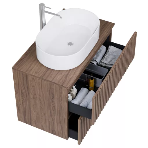 HD Rapallo Pro Oak 60 komplett fürdőszoba bútor szett fali push-to-open mosdószekrénnyel, tölgyfa színű mosdópulttal, tükörrel és magasszekrénnyel