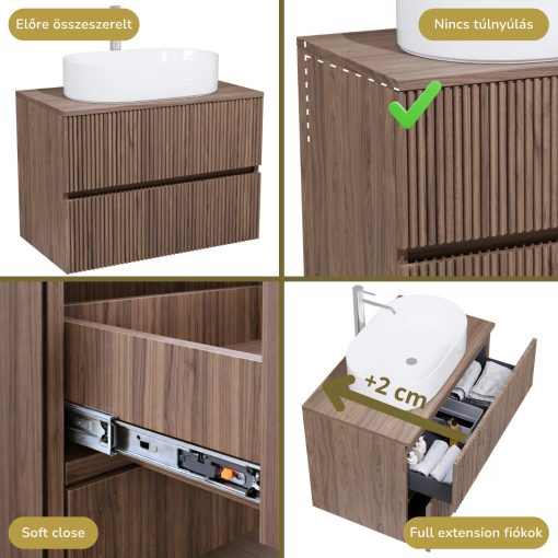 HD Turin Oak 60/80 komplett fürdőszoba bútor szett fali mosdószekrénnyel, tölgyfa színű mosdópulttal, tükörrel és magasszekrénnyel