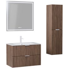 HD Ravello Oak 60 komplett fürdőszoba bútor szett fali mosdószekrénnyel, matt fehér fogantyúkkal, fényes fehér slim mosdóval, tükörrel és magasszekrénnyel