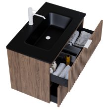 HD Ravello Oak 60 fali mosdószekrény matt fehér fogantyúkkal és matt fekete slim mosdóval